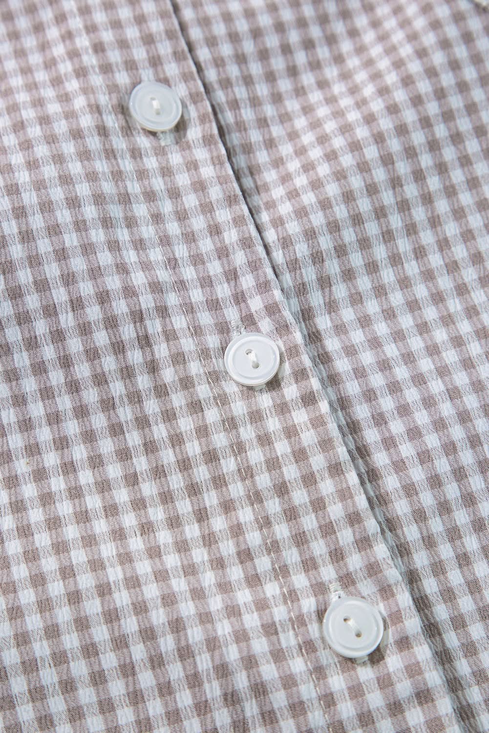 Brown Plaid Flounce Sleeve Notched Neck Ruffled Shirt - Love Salve